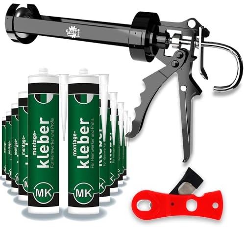 Montagekleber-Set mit 10x 300ml Kartusche, Kartuschenpresse mit 18:1 Übersetzung aus Metall, 2in1 Kartuschenschneider, vielseitig einsetzbar im Innen-Bereich für Metall, Holz, Styropor