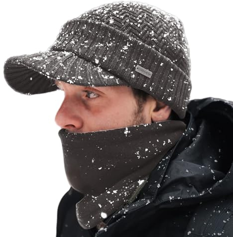 Comhats Winter-Set mit Wollgestrickter Schirmmütze und Fleece-Schal/Halswärmer für Herren und Damen - Warme gestrickte Schirmmütze 69311_Grau XL/XXL