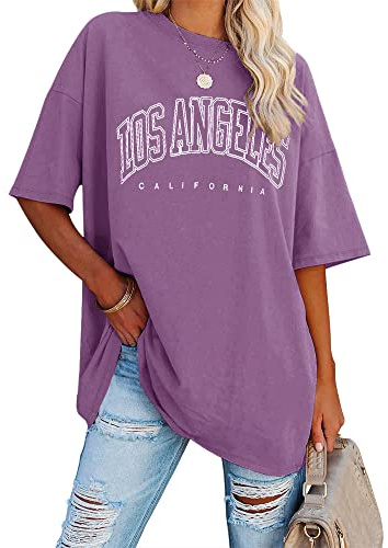 Ebifin Damen T Shirt Rundhals Oversize Vintage Oberteile | Los Angeles,Longshirt,Tunika,Sommer,Sport T Shirt,Basic,Baumwolle Top,Lang,Bluse