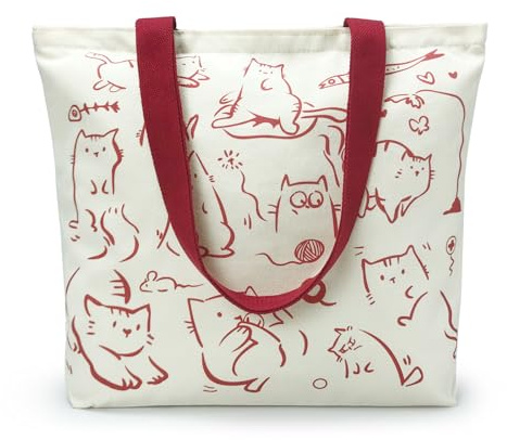 WIERAEM Niedliche Katzen Canvas Tote Bag Aesthetic, Einkaufstasche für Damen, mit Reißverschluss und Innentaschen Tragetasche, Baumwolle Tasche Wiederverwendbare