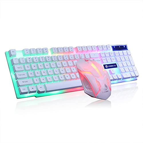 Tastiera meccanica e mouse combinati RGB Gaming 104 tasti Interruttori blu Tastiere USB cablate, Mouse da gioco programmabile per computer desktop Bianco(Bianco)