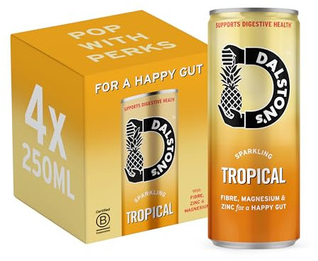 Dalston's Tropical Soda For Your Gut (4 x 250ml) - Prebiotic Blend of Plant Fibre, Zinc and Magnesium. Real Fruit - 25Kcal - No Added Sugar - No Artificial Sweeteners - Healthy Alternative