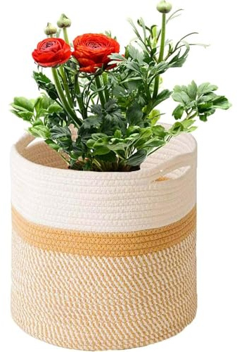 KMERCE Stor flätad blomkruka, krukskydd, växtkorg i bomullsrep för heminredning, förvaringskorg för leksaker, kläder - diameter 25 cm (vit + gul)