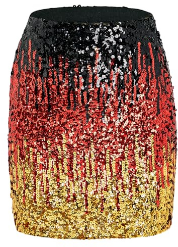 Durio Pailettenrock Für Damen Glitzer Rock Kurz Damen Sexy Midi Skirt Hüftrock mit Elastische Taille Party Rave Outfit Schwarz/Rot/Gold S