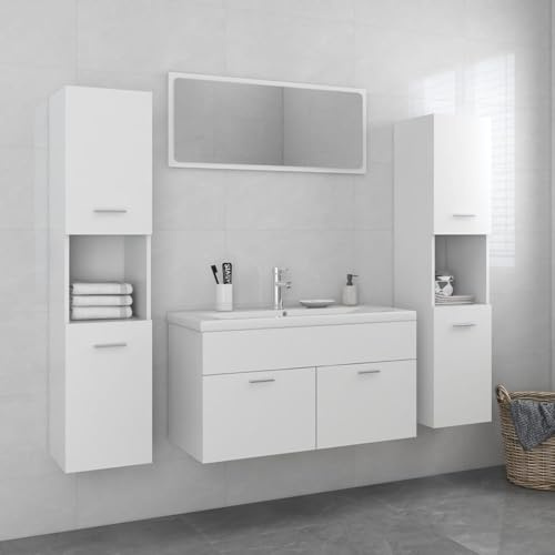 ARKEM Set Mobili da Bagno Bianco in Truciolato,Set Mobili Bagno da con Lavabo, Mobiletto Bagno, Colonna Bagno e Specchiera in Legno