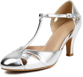 Elerhythm Women's Mary Jane Vintage T Strap Closed Round Toe Heels Retro 1950s Pumps 1920s Victorian Shoes (Silver US6.5)