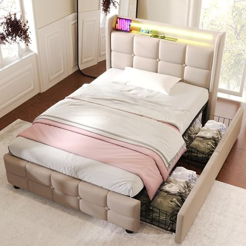 Polsterbett 90x200, Einzelbett Stauraumbett Funktionsbett mit 2 Schubladen und Lattenrost, Kopfteil mit Aufladen USB & LED Beleuchtung, Rückenlehne Bettgestell Jugendbett, Leinen, Beige, Ohne Matratze