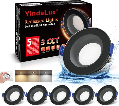 YindaLux LED Einbaustrahler 230V IP65, Dimmbar 5W 68mm Ultra Flach LED Spots, Warmweiß Neutralweiß Kaltweiß Deckenspots, Spots Deckenleuchte für Badzimmer Wohnzimmer Küche, Schwarz 6er Set