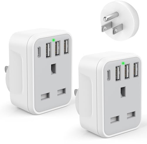 2 Pack USA Travel Adapter, American Plug Adapter UK to US with 4 X USB Ports (1 USB-C Fast Charging), UK to US Plug Adapter for USA Canada Mexico Colombia Cuba Guyana Thailand and More (Type B)
