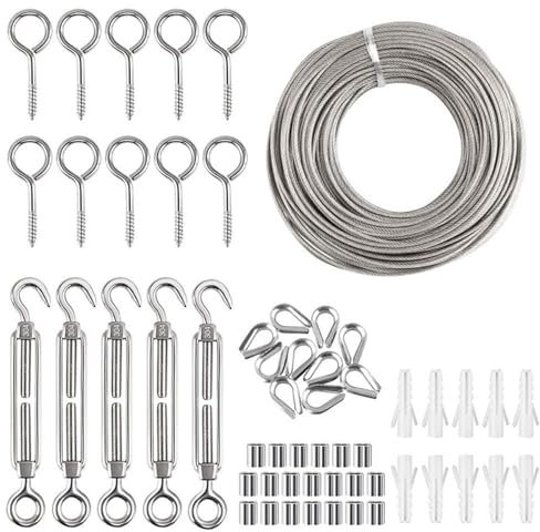 Cable De Acero Inoxidable Kit Juego de cuerdas de alambre de acero inoxidable de 56 Uds., 30M, Kit for colgar tendedero con Cable recubierto de PVC for jardín al aire libre Kit De Cuerda De Acero Inox