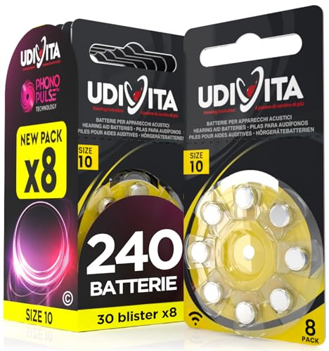 240 Pilas para Audífonos Tamaño 10 Udivita PR70 (Amarillo) Zinc-Aire Hearing Evolution - 30 Blísteres de 8 Pilas