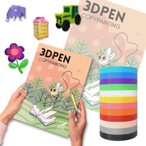 Little Creators Cuaderno de 30 Plantillas Bolígrafo 3D para Niños - Kit de Dibujo 3D con 50M Filamento PLA (10 Colores) y Lámina Protectora - Accesorios Lápiz 3D y Manualidades Niños. Ideal Regalo.