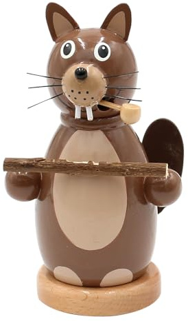 Holz Räuchermann, Räucherfigur, Räuchermännchen als Biber mit Holzbrett in braun, Größe: L/B/H 8 x 8 x 12 cm.