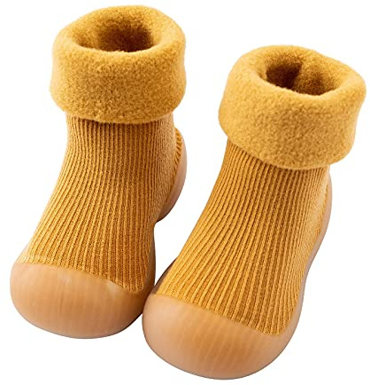 Hanraz Chaussures d'apprentissage de la marche bébé hiver unisexe semelle souple antidérapantes chaussures pieds nus chaussons en cuir extérieur doublées chaudes chaussures d'apprentissage de la