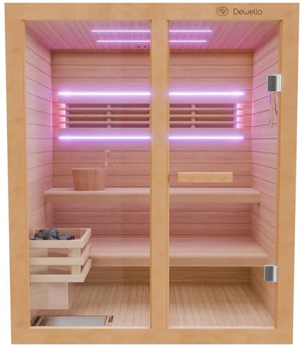 Dewello® Finnische Sauna Tofino 160x150 Kabine aus Hemlock Tannenholz mit 4,5KW HARVIA Ofen 2-3 Personen inkl. Sauna Zubehör