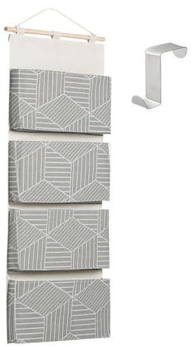 champracer Hängeorganizer, Hängend Aufbewahrungstasche mit 4 Taschen, Hohe Kapazität Hängeaufbewahrung Tür Organizer Faltbar Leinen Stoff Wasserdicht Wand Hänge Organizer (1 Stück, Grau)