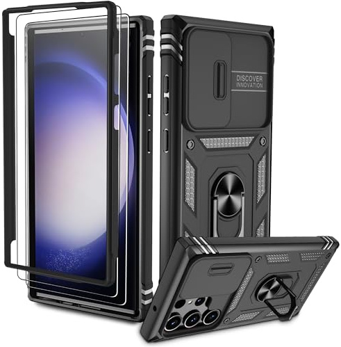 Pilaru för Samsung Galaxy S23 Ultra-fodral, kameraskydd mobiltelefonfodral med 2 stycken skyddsfilm, 360° vridhållare ring skyddsfodral militärt fodral stötsäkert reptåligt utomhus S23 Ultra 5G svart