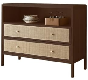 Buffet rétro en bois massif et rotin avec deux tiroirs pour entrée de maison, buffet de style vintage en bois massif et noyer, meubles de rangement faits à la main pour salon ou lit