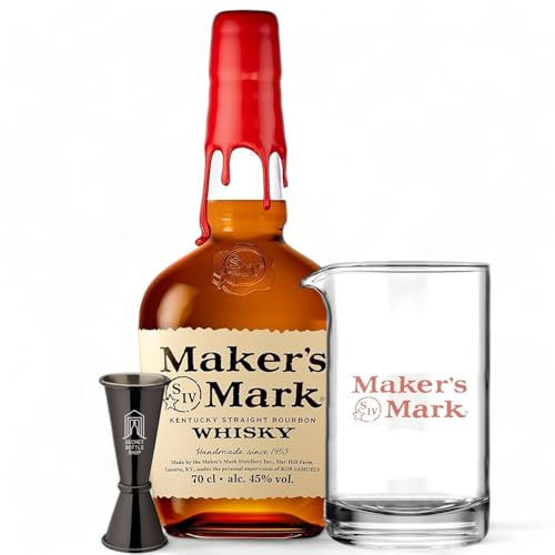 Maker's Mark Bourbon Cocktail Making Set | Containing 1 x Maker's Mark Bourbon 70cl, 1 x Maker's Mark Mixing Glass, 1 x Secret Bottle Shop Jigger | Ideal Whisky Gift