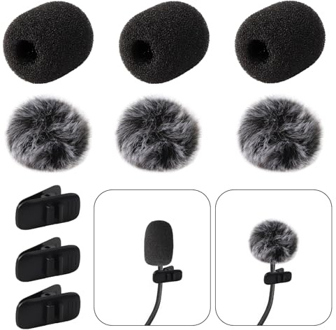 Maxqzin Mikrofon-Windschutzscheiben-Schaumstoffabdeckung, Mini-Mikrofonabdeckung, pelzige Windschutzscheibe & Schaumstoffabdeckungs-Set für Lavalier-Ansteckmikrofon, Mini-Schaumstoff-Mikrofon,