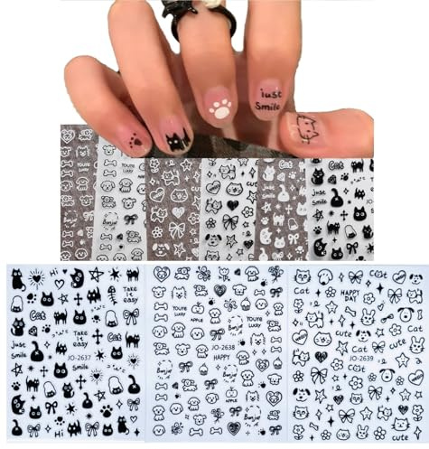 BnbnPup Nagelsticker Set, 6-9 Blatt Selbstklebend Nagelaufkleber mit Katz, Blumen, Schmetterling, Herz, Vintage Design, Nageldesign Sticker für Kinder & Erwachsene (Niedliche Katzen)