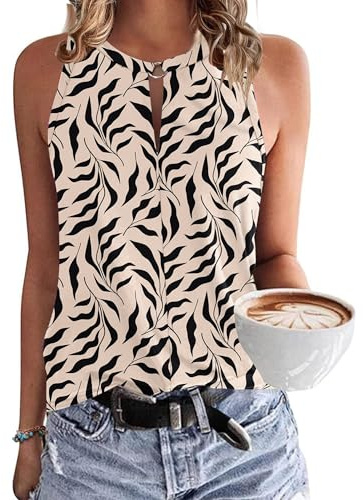 WNEEDU Canotta da Donna Canotta Estiva Senza Maniche Canotte Sexy con Scollo a V Camicie da Spiaggia Casual Camicetta Top Foglia di Albicocca Nera S
