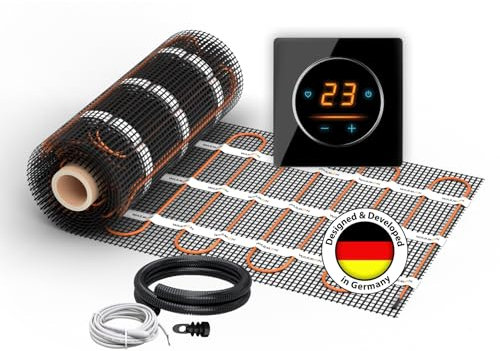 Riscaldamento a pavimento elettrico: tappetino riscaldante a due ruote Warmon Classic 150 W/m² con termostato WiFi OKE-25 Touch e telaio di copertura in vetro nero Garda termostato: OKE25 Garda nero