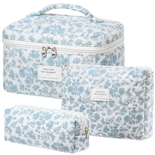 BuyCard Lot de 3 Trousses de Toilette pour Femme avec Motif Floral - Trousse de Toilette matelassée - Portable - pour Les Voyages et la Vie Quotidienne (3, Blue Floral)