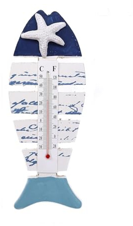 Maritimes Holz-Thermometer im Fischdesign mit Seestern, 23 x 8,5 cm, Weiß-Blau