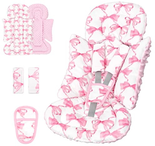 Infant Car Seat Insert, Soft Baby Car Seat Head & Body Support for Girl Boy, Reversible Newborn Preemie Carseat Insert Cushion with 3 Straps Pads, Fits Car Seat, Stroller, Swing, Bouncer, Pink Bow