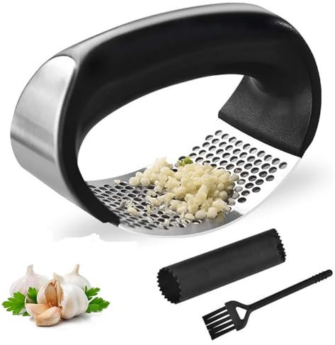 Garlic Press Rocker, Stainless Steel Garlic Mincer Tool, Easy-Squeeze Garlic Tool with Peeler and Cleaning Brush for Smashing Garlic