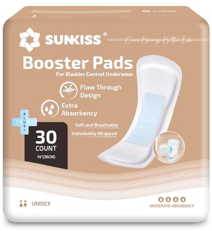 SUNKISS Booster Pads for Adult Nappies/Pull-Ups, Flow-Through Incontinence Pads to Increase Absorbency, Odor Control, Comfortable, 30 Count