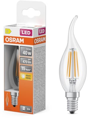Osram Lampe LED forme bougie étoile filament BA40, 2700 K blanc chaud, 3,4 W, E14, transparente, 470 lm, 15 000 h, pour lustres, forme bougie coup de vent