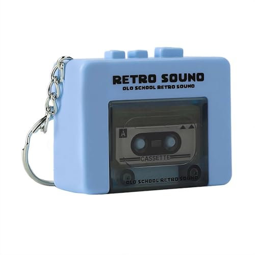 Mini magnétophone rétro - Portable - Lecteur de microcassettes avec musique, mots d'amour, musique ou autres sons, ornement pour sacs à dos, sacs à main (bleu)
