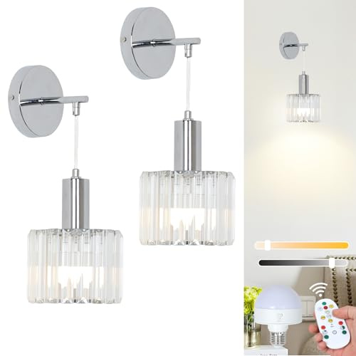 Stepeak Battery Operated Wall Lights Set of 2, Crystal Battery Operated Wall Lights Indoor with USB Bulb & Remote, Glass Rechargeable Wall Lamp for Bedroom, Chrome Stick On Wall Sconce for Living Room