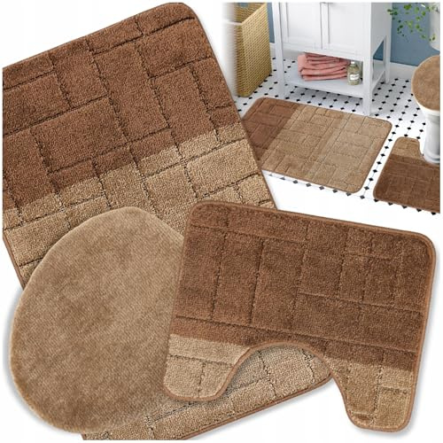 Decorator HOME Badteppich Set 3-TLG. Braun & Beige – rutschfest & Weich, Badematte für Badezimmer Teppich 50x80 cm & 50x40 cm - Ideal für Fußbodenheizung