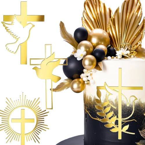 YUEcthynous Decoración para tarta de comunión, 4 unidades, decoración de tarta de primera comunión, acrílico dorado brillante, paloma y cruz, espíritu santo, para tartas, decoración de bautizos