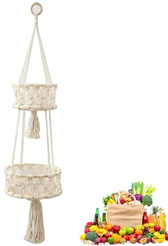 LWZko Obstkorb Hängend 2 Etagen, Hängekorb Obstkorb, Boho, Hängekorb Küche Vintage, Handgewebter Obst Hängend aus Baumwollseil für Kann in Küchen, Wohnzimmer, Esszimmer, Terrassen
