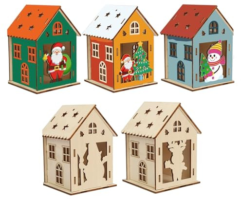 5-pack trähus för hantverk 3D gör-det-själv julhantverk för barn med borste och klistermärken och band julhus julfest skolaktiviteter - trä för