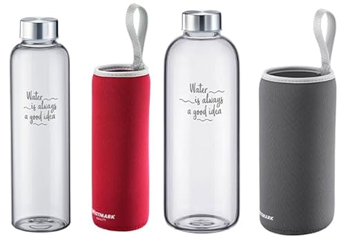 Westmark Trinkflasche Viva 0,55l rot und Trinkflasche Viva 1 l anthrazit – Zwei praktische Trinkflaschen für unterwegs, teilweise spülmaschinengeeignet – Glas, Silikon, Kautschuk