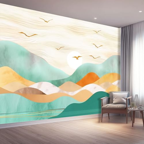 Carta da parati fotografica Minimalista Montagne Uccelli Strisce, Colorato Motivo Poster Murales - 300 x 210 cm 3D Effetto Panorama Carta Da Parati Decorazione per Soggiorno Camera Letto Sala Ufficio