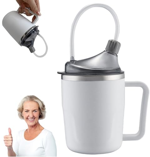 Ginwrek Sippy Cup for Adults Beakers for Elderly, 400ml Spill Proof Adult Sippy Cup with Straw, 3-in-1 Stainless Steel Dysphagia Cups with Handle, Adult Drinking