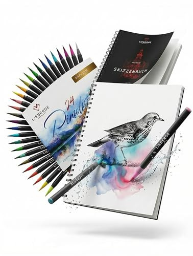 LIEBERGE Lettering & Sketch-Set: Pinselstifte 24 + Skizzenbuch A4 | Set für Hand Lettering & Sketching: 24-teiliges Pinselstifte-Set mit 2 Wassertankpinseln + radierfestes Skizzenbuch A4