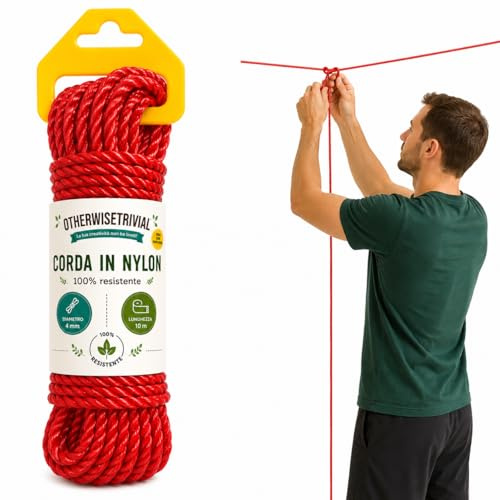 Corda in Nylon 4mmx 10 metri, Resistente per Giardinaggio, Imballaggi e Fai da Te, Disponibile in Più Colori