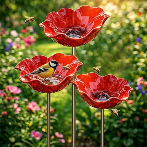 Vogeltränke Blume aus Metall, Insektentränke Gartendekoration, Metall Gartenstecker für Rasen,vogeltränke Blume, Dekorative Fütterschale für Vögel und Bienen (3 Stück)