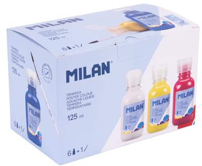 MILAN Caja 6 botellas de témpera de colores 125 ml con pincel, Blanco