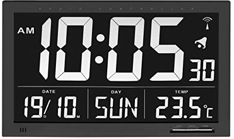 TFA Dostmann XL Horloge Murale numérique, 60.4505, Grande Horloge Radio-pilotée, avec température, pour Le Bureau/Salle d'attente, avec Fuseau horaire, Jour de la Semaine en Francaise, Noir
