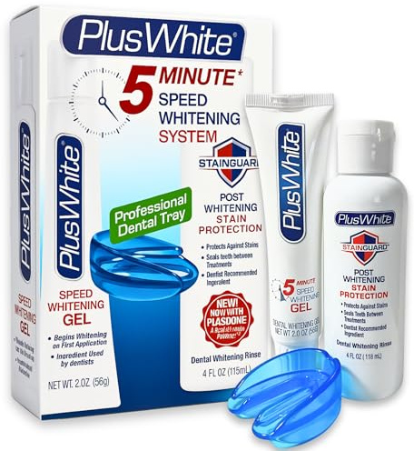 Plus White Premier Whitening System - 5 Minute Speed Whitening Gel, Comfort Fit Mouth Tray & StainGuard Post - Dentist Approved & Professional Grade (2 oz Tube, Mouth Tray and 4 oz Post Rinse)