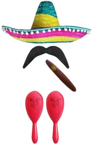 Mexikansk snygg klänning accessoarer sett. Mexikansk SOMBRERO + MARACAS + TAS. Perfekt för Mexikanska finsmakiga kläder SENORITA BANDIT MARIACHI (MULTI-färgad POM SOMBRERO + 2X rosa marACAS)