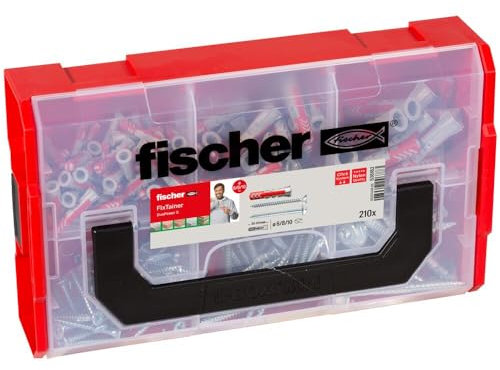 fischer FixTainer DuoPower mit Schraube, Dübelbox mit 210 Schrauben & DuoPower Dübeln (60 Stk. 6 x 30, 30 Stk. 8 x 40, 15 Stk. 10 x 50), universelles Set zur Befestigung